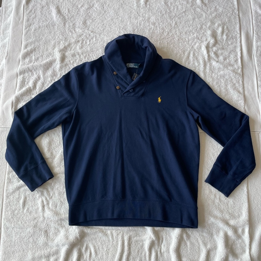 Mens Polo Ralph Lauren Luxury Fleece Shawl-Collar Pullover Sweater, Navy, Sz XL